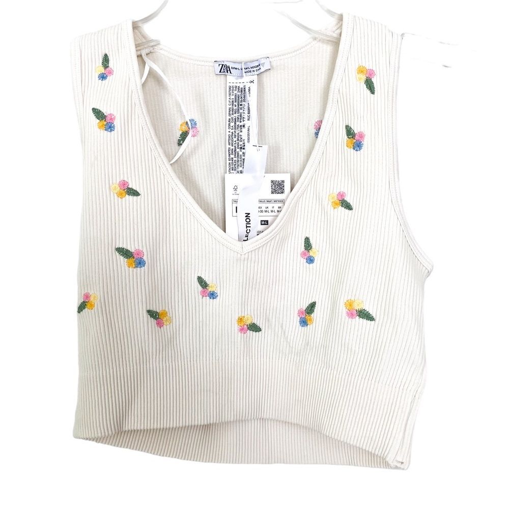 Zara White Floral Embroidered V-Neck Fitted Crop Top Cottagecore M